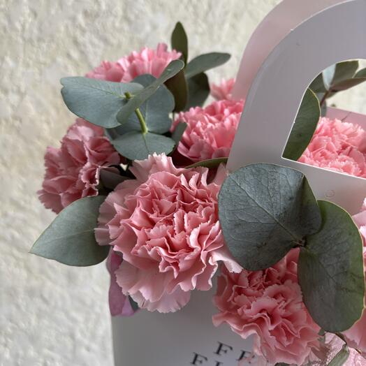 № 70 Композиция из стойких, ярких розовых диантусов и эвкалипта в сумочке Fresh Flower